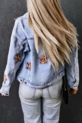 Sky Blue Leopard Star Distressed Cropped Denim Jacket