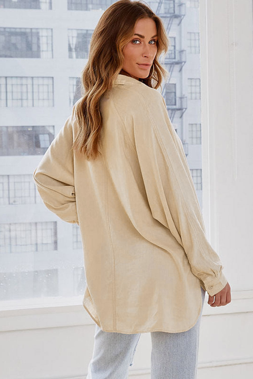 Apricot Solid Buttoned Chest Pocket High Low Loose Shirt