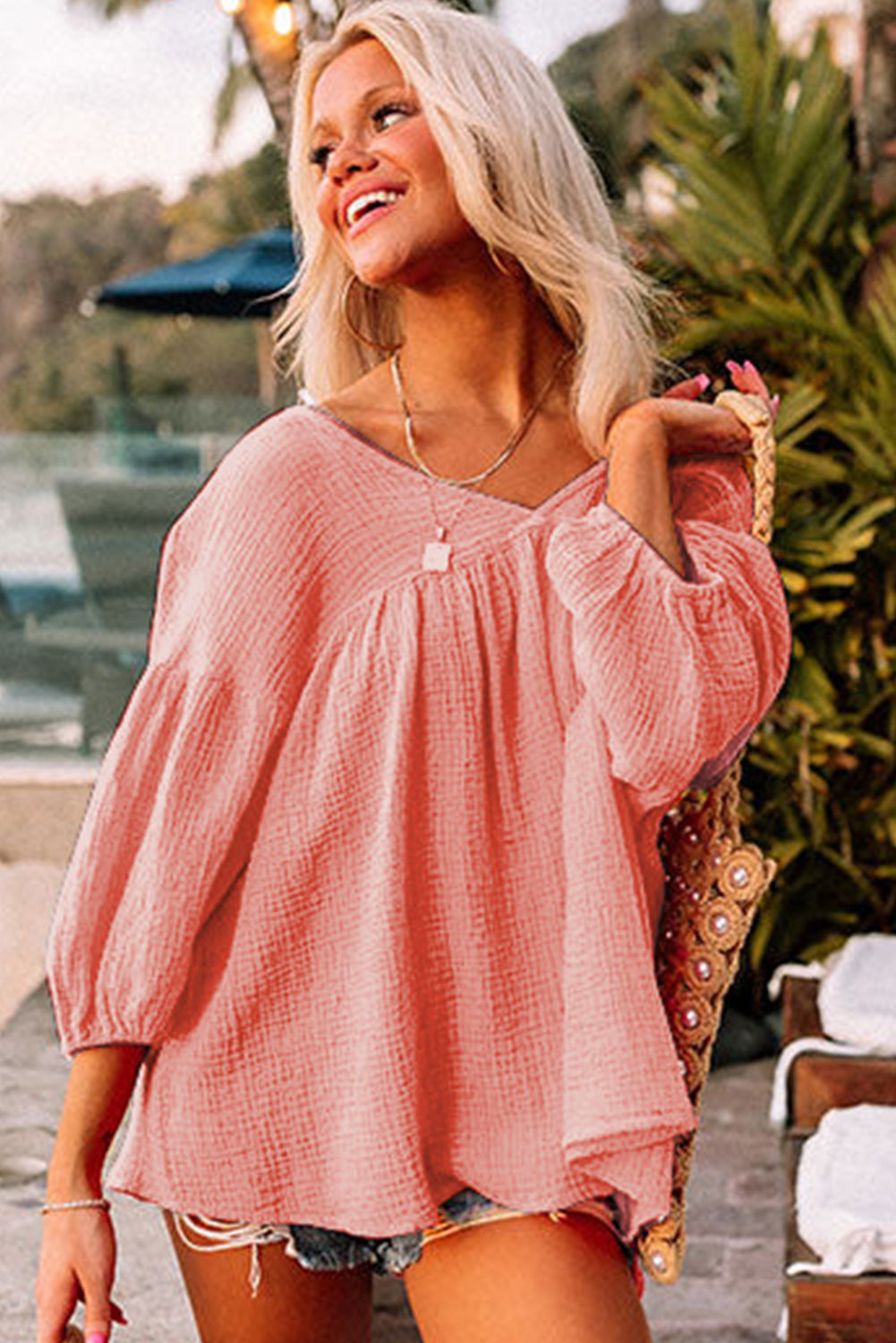 Pink Textured V Neck Bracelet Sleeve Babydoll Blouse