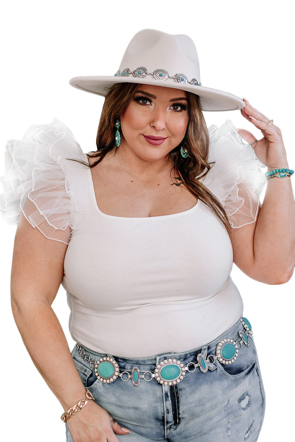 White Ribbed Knit Tulle Ruffle Sleeve Plus Size Bodysuit