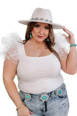 White Ribbed Knit Tulle Ruffle Sleeve Plus Size Bodysuit