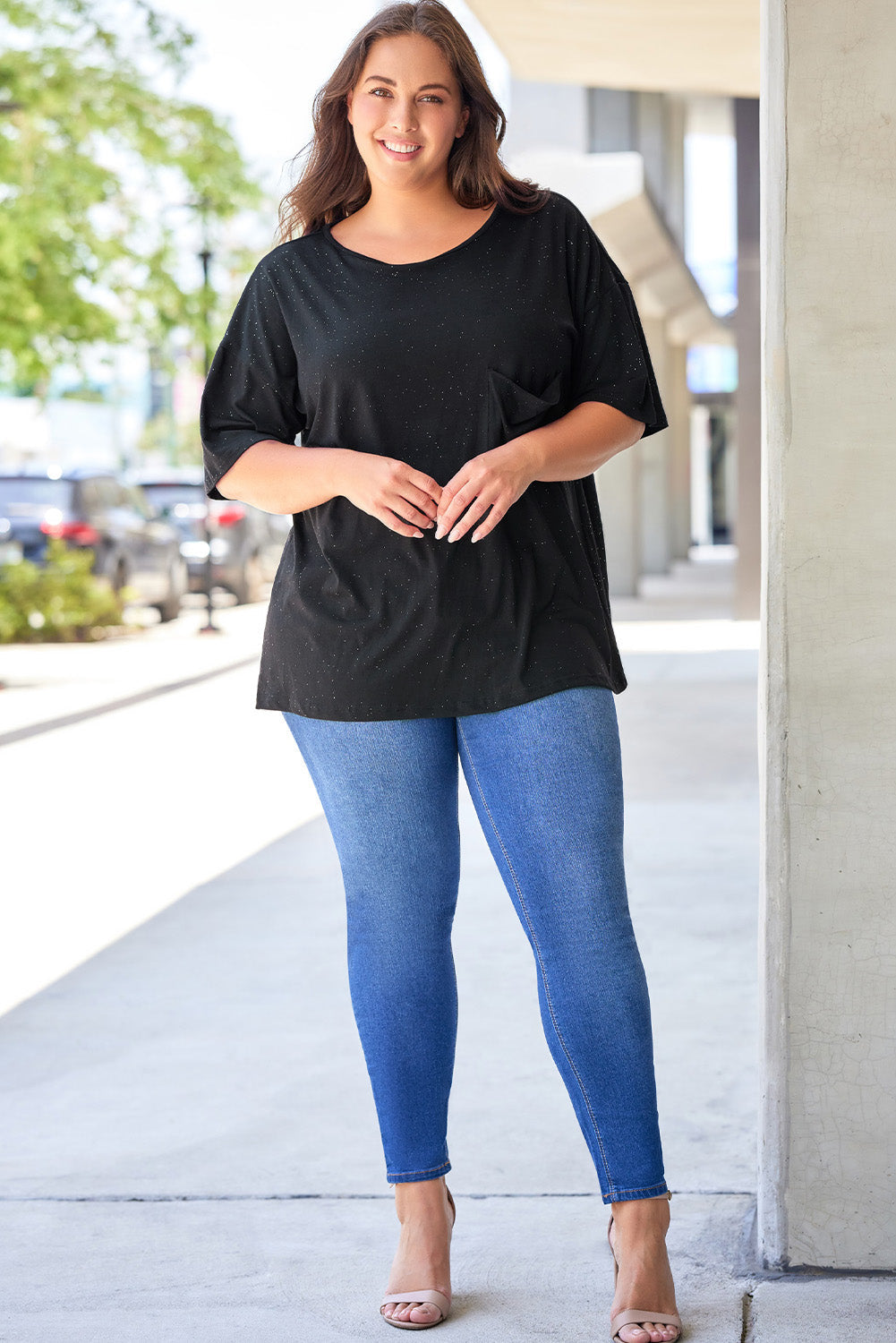 Black Splatter Allover Plus Size Pocketed T-shirt