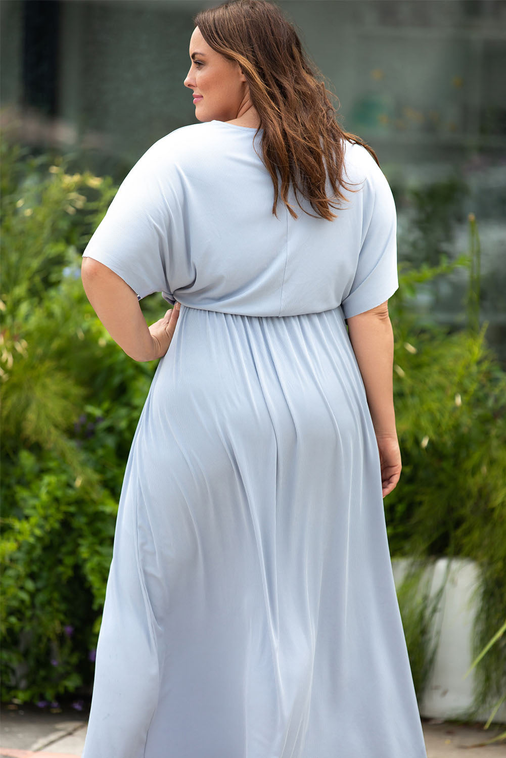 Sky Blue Plus Size Short Sleeves Rib Knit Maxi Dress with Slit