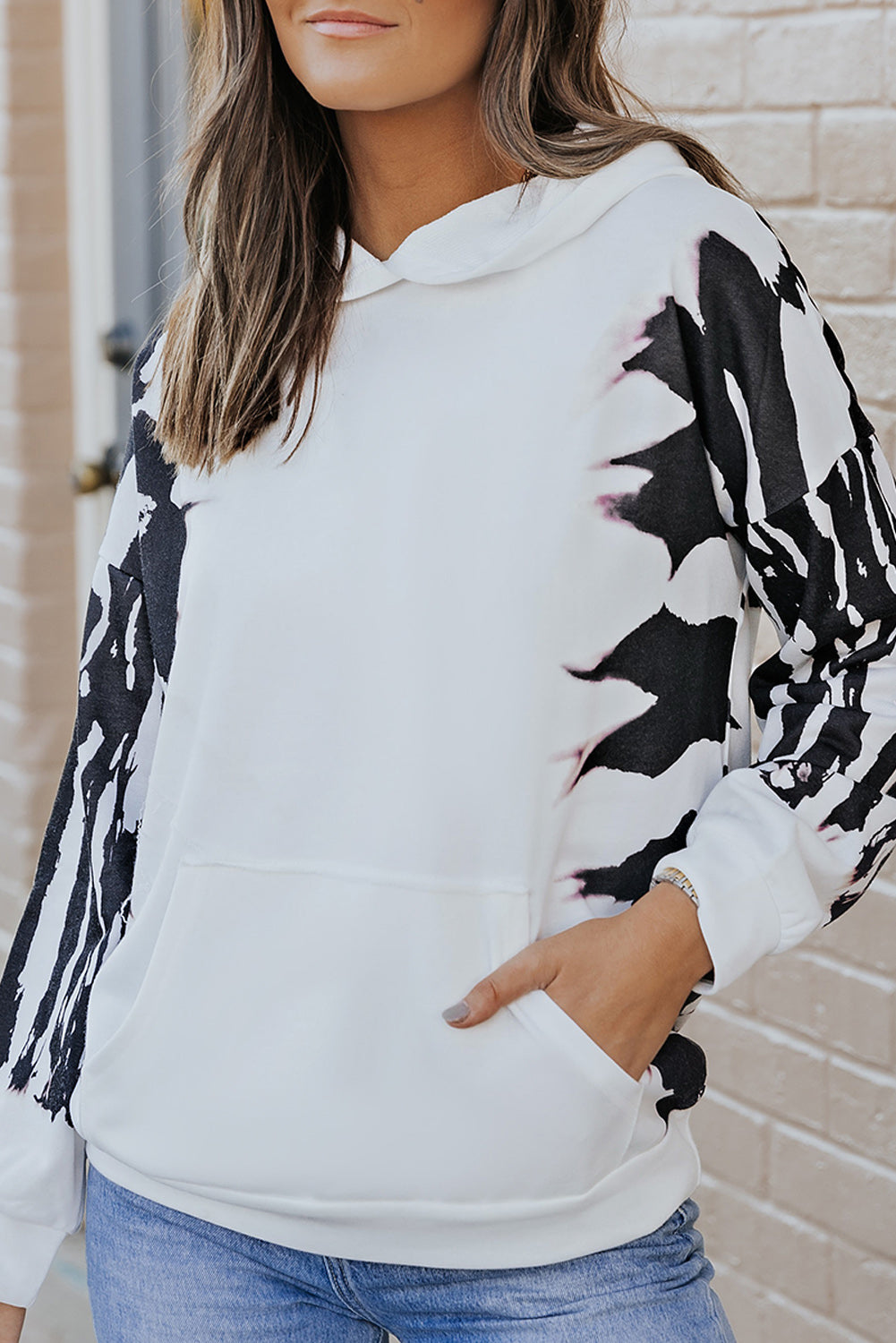 White Tie Dye Hooded Sweatshirt with Kangaroo Pocket