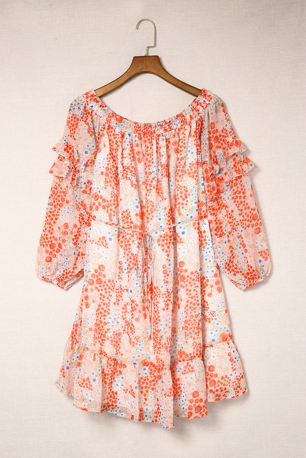Red Floral Off The Shoulder Print Ruffled Dress with Tie
