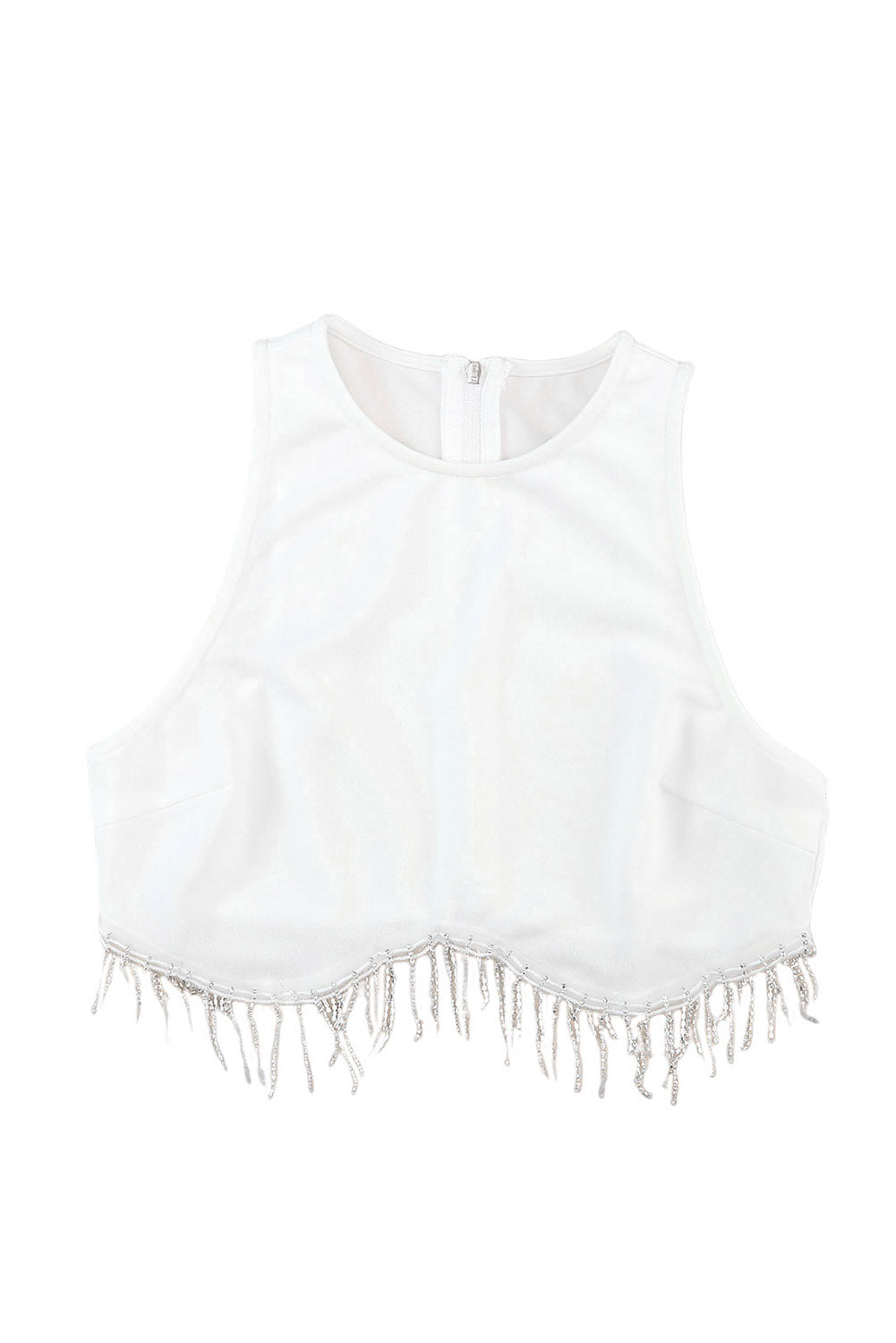 White Rhinestone Fringe Zip Back Round Neck Cropped Tank Top