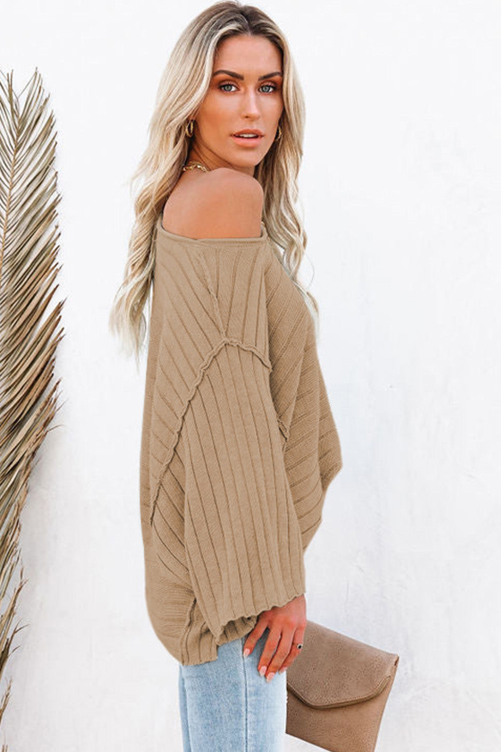Black Exposed Seam Ribbed Knit Dolman Top