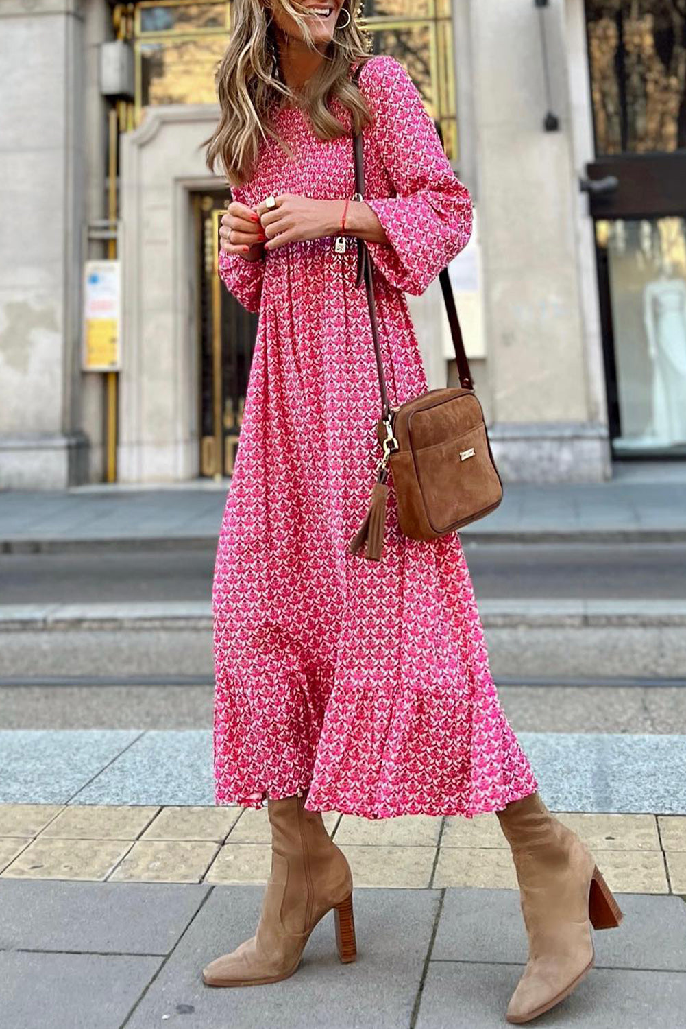 Rose Printed Ruffled Hem Long Dress