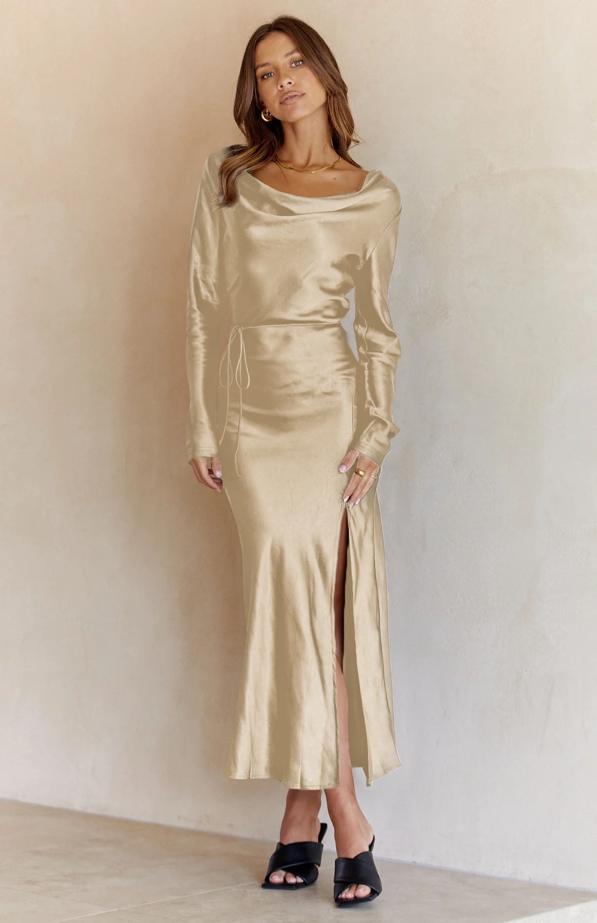 Black Drape Neck Tie Waist Long Sleeve Slit Dress