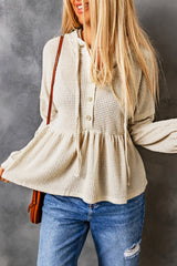 Apricot Waffle Knit Buttons Ruffled Hooded Top