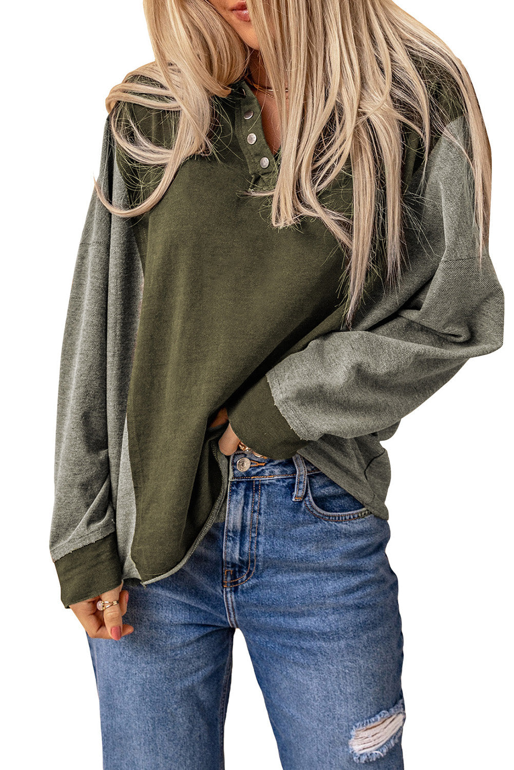 Green Patchwork Button Down Neckline Hoodie