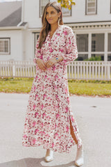 Purple Deep V Neck Ruched High Waist Floral Maxi Dress