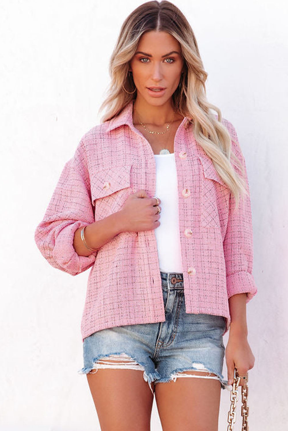 Pink Plaid Tweed Button Up Shacket