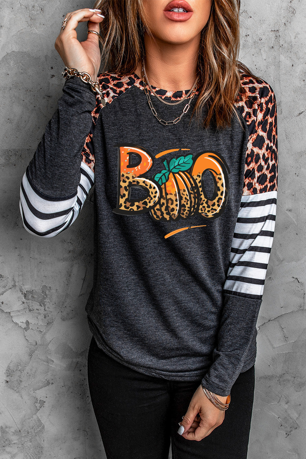 Black BOO Pumpkin Leopard Striped Long Sleeve T Shirt