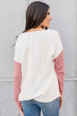 Amicg Blossom Long Sleeve Colorblock Chest Pocket Textured Knit Top