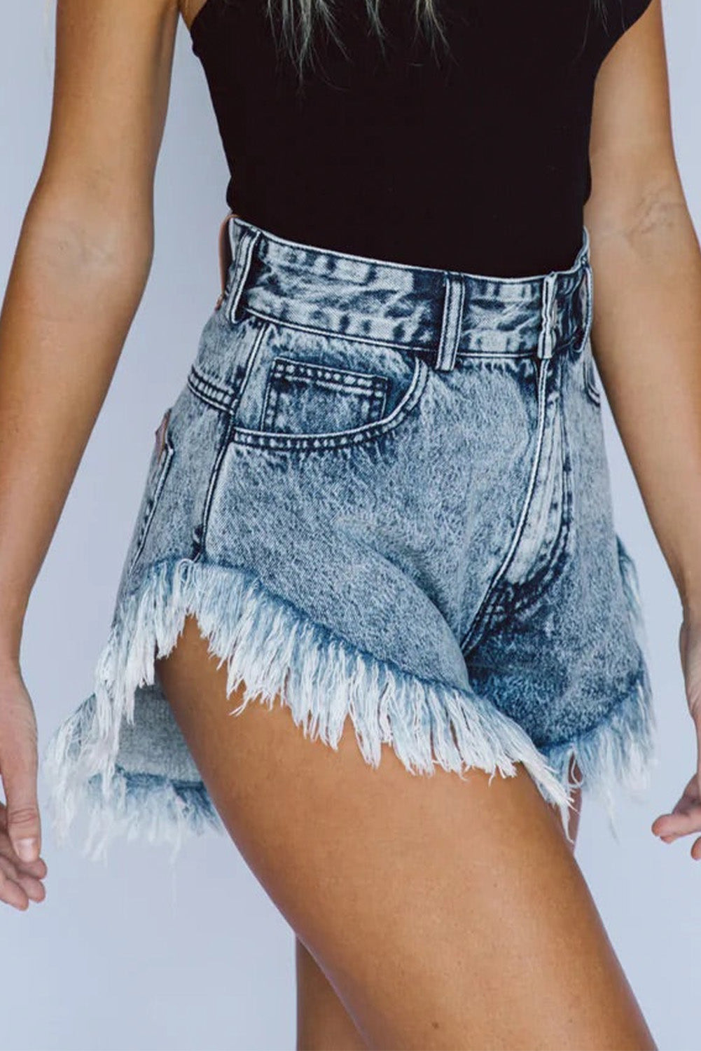 Sky Blue Dark Acid Wash Raw Hem Jean Shorts