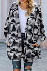 Gray Camo Print Soft Fleece Hooded Open Front Coat