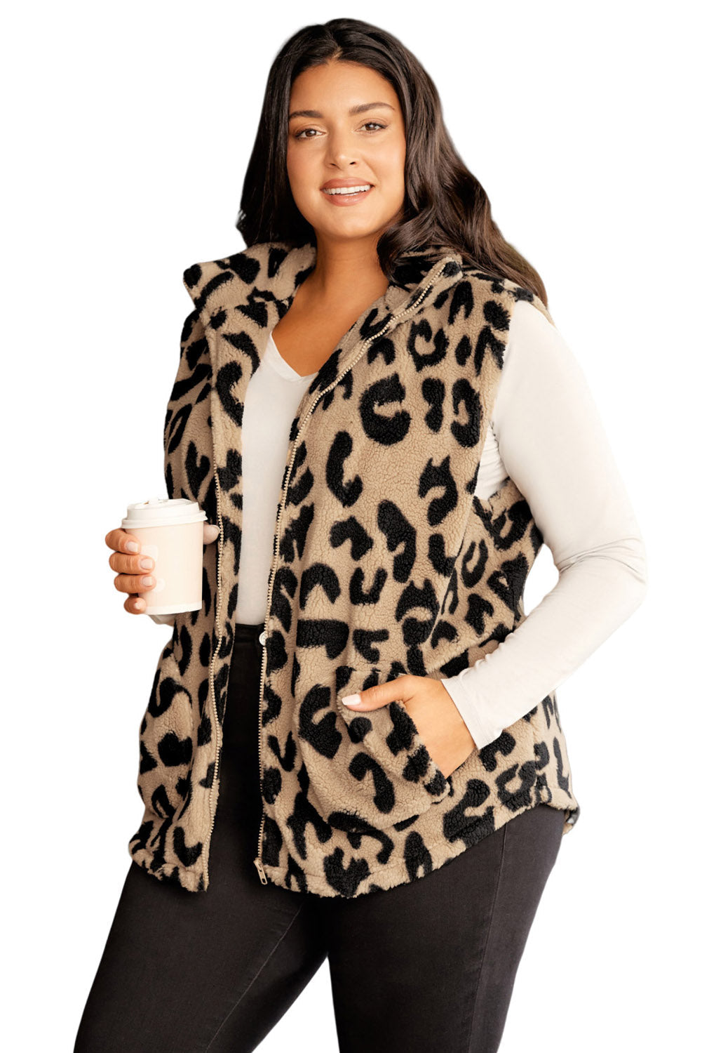 Leopard Plus Size Stand Neck Zipped Front Sherpa Jacket Vest