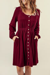 Red Button Up High Waist Long Sleeve Dress