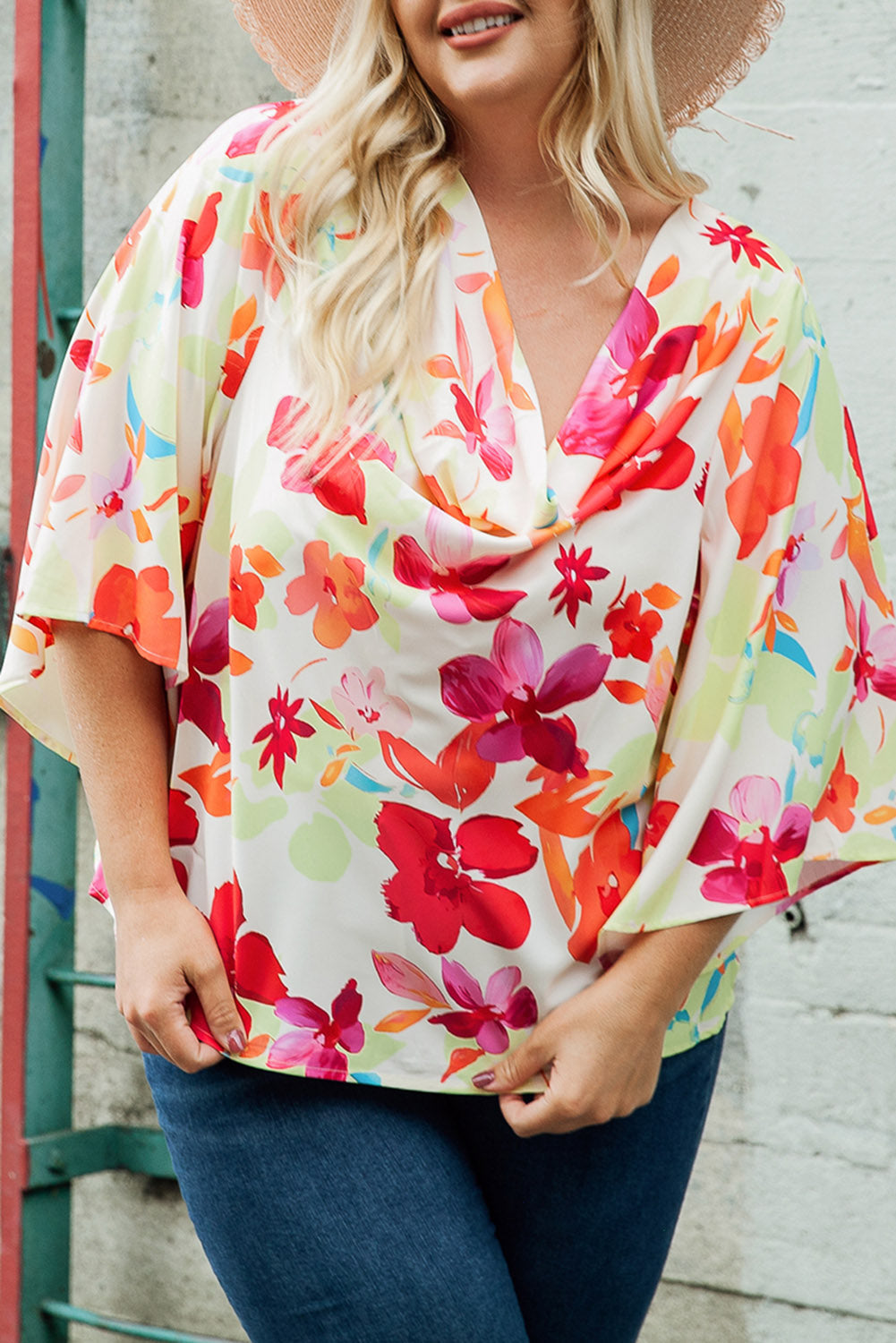 Multicolor Floral Print Cowl Neck Plus Size Blouse