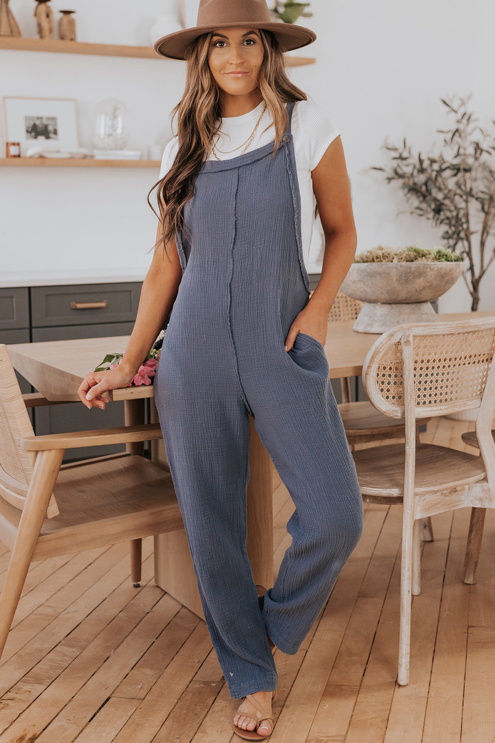Gray Distressed Trim Crinkle Pocketed Jumpsuit