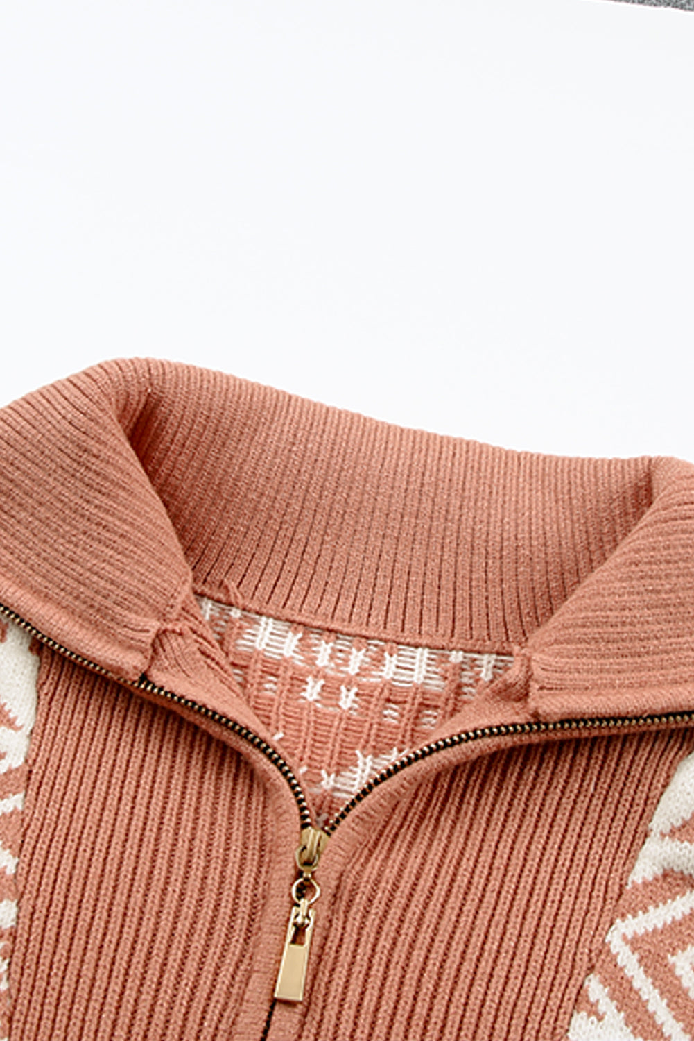 Blue Geometry Knit Quarter Zip Sweater