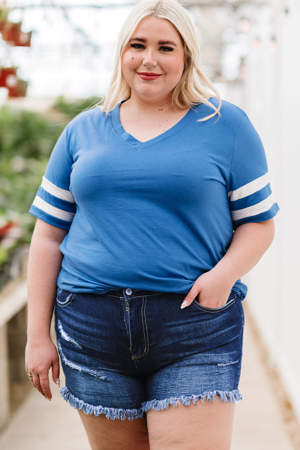 Blue High Rise Raw Hem Plus Size Denim Shorts