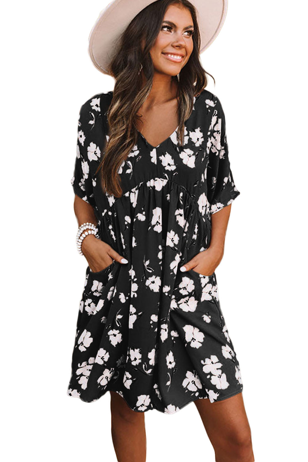 Khaki V Neck Floral Babydoll Dress with Pockets