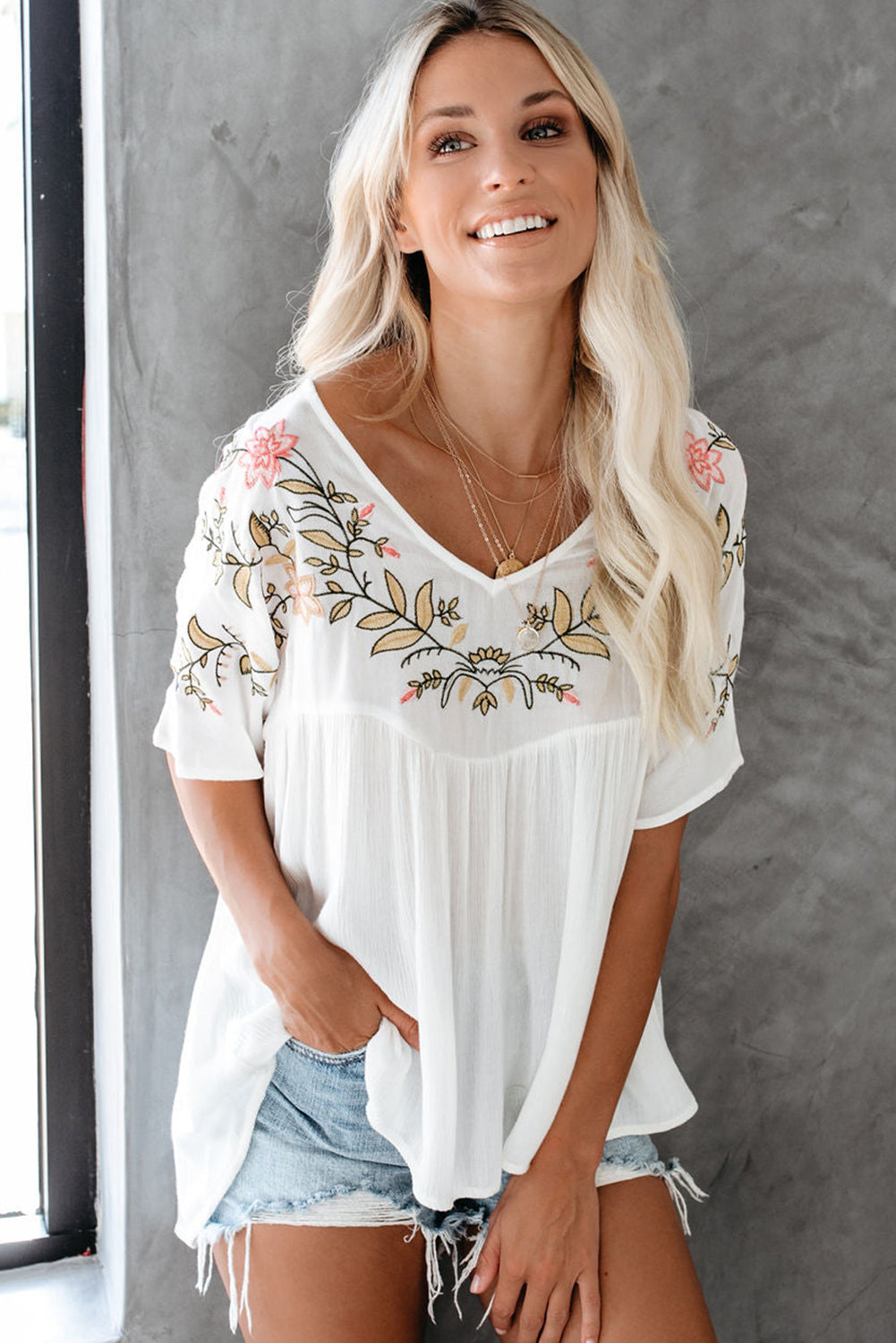 White Floral Embroidered V Neck Crinkle Babydoll Blouse