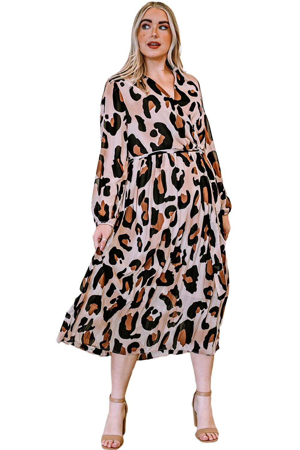 Leopard Plus Size Leopard V Neck Wrap Pleated Dress