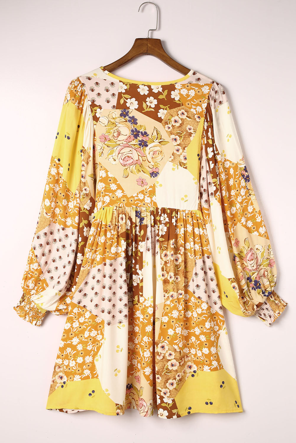 Yellow Floral Buttoned Pleated Long Sleeve Babydoll Dress