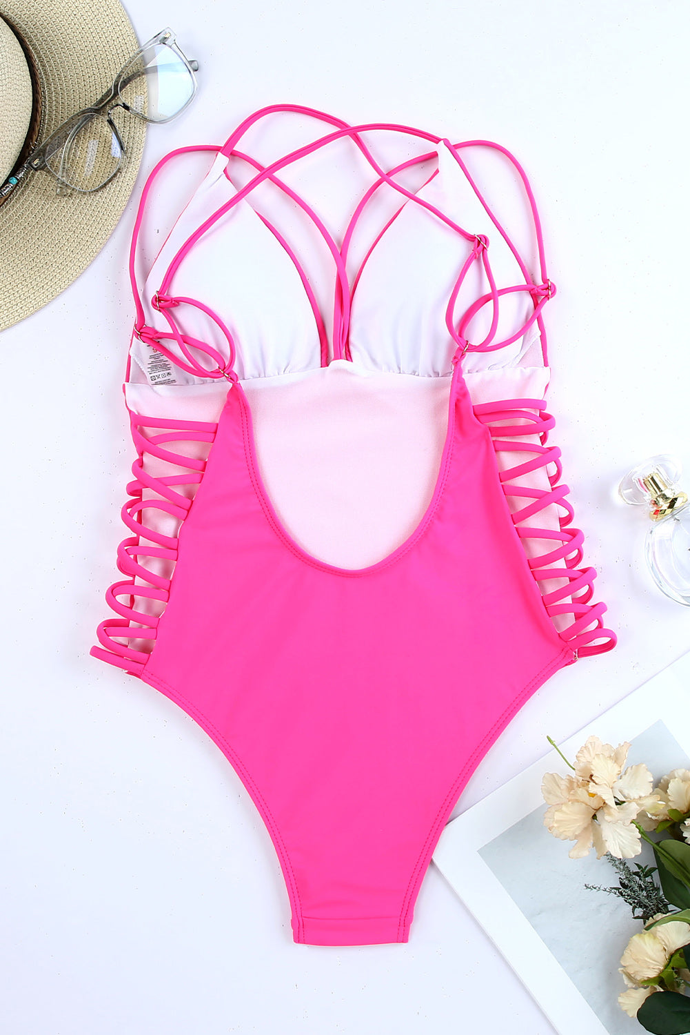 Rose Criss Cross Backless Deep V Neck One Piece Swimsuit