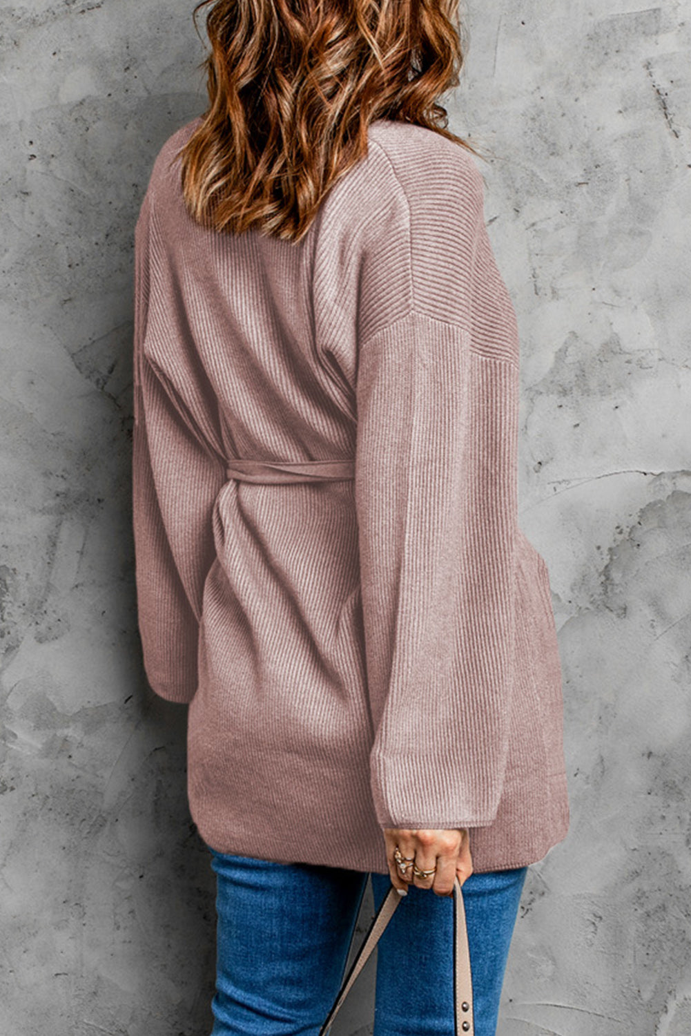 Black Robe Style Rib Knit Pocketed Cardigan with Belt
