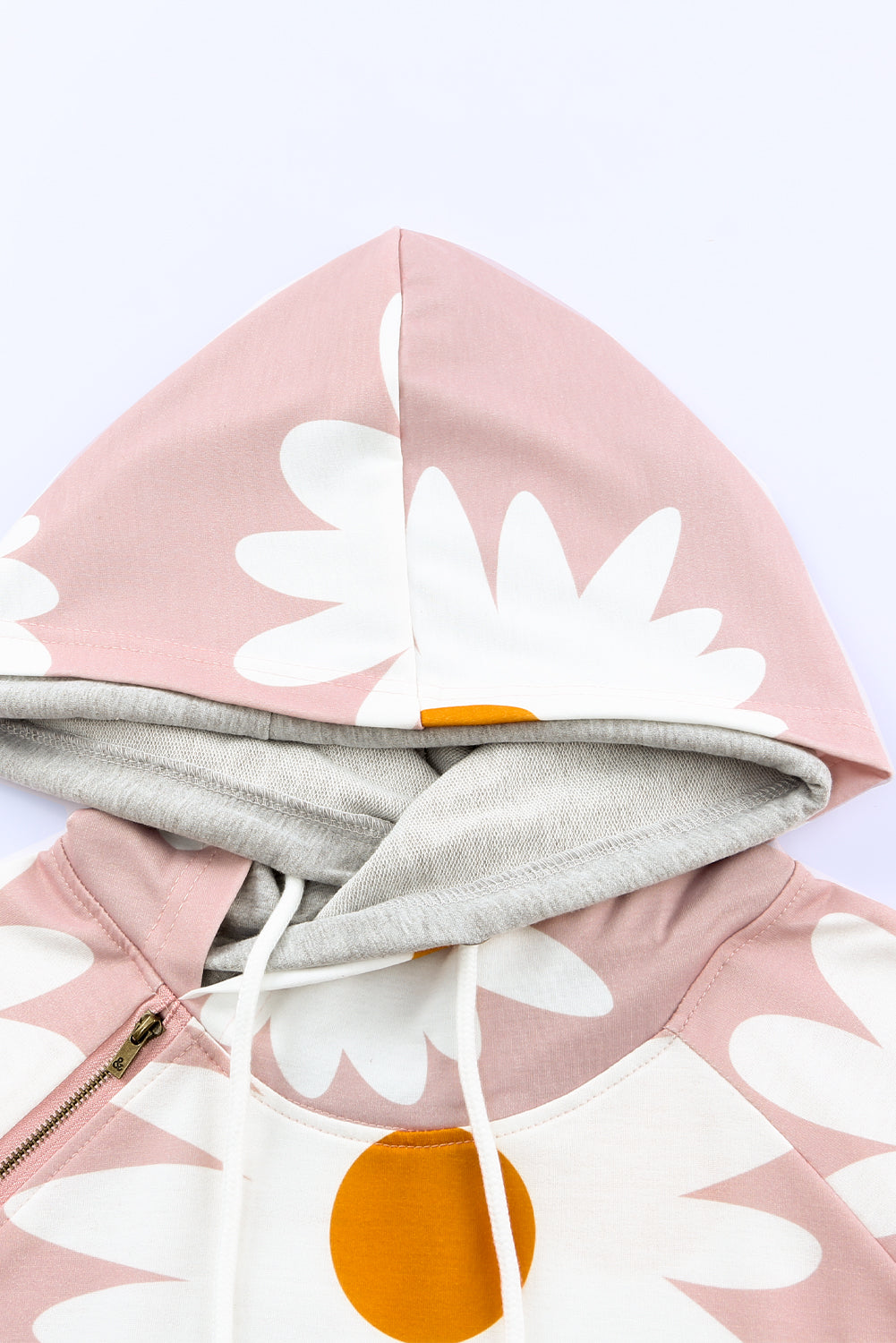Pink Daisy Print Zipped Doublehood Sweatshirt