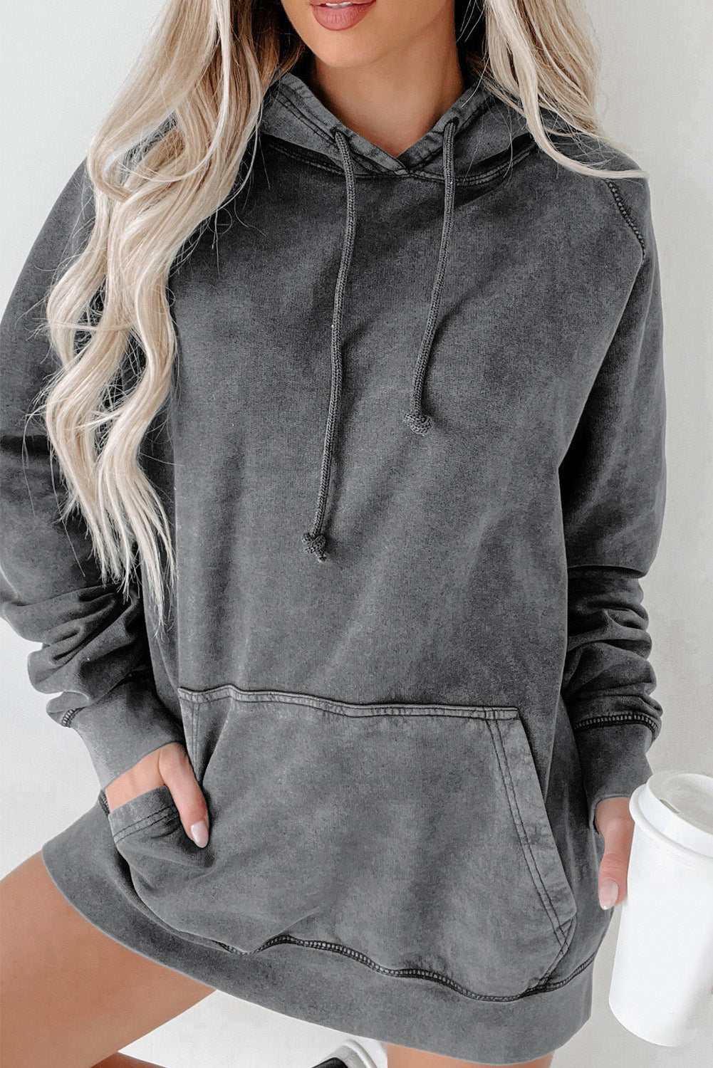 Mineral Wash Kangaroo Pocket Drawstring Pullover Hoodie