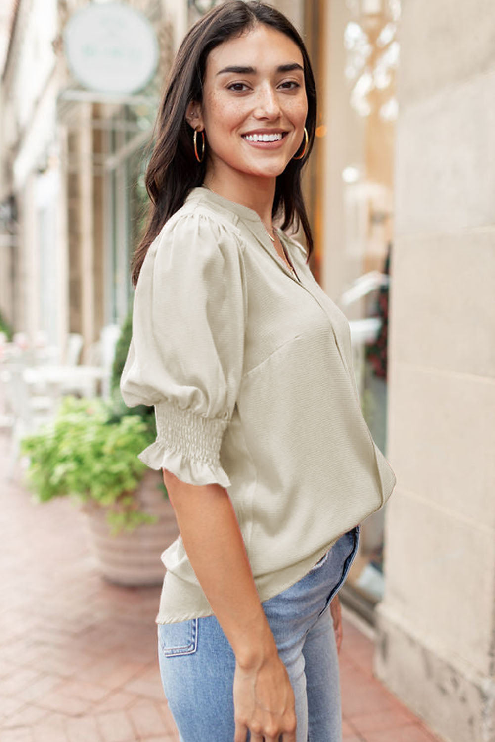 Red Solid Color Half Sleeve V Neck Blouse