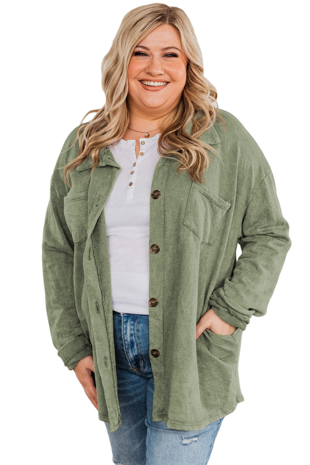 Green Plus Size Buttons Closure Pocketed Shacket