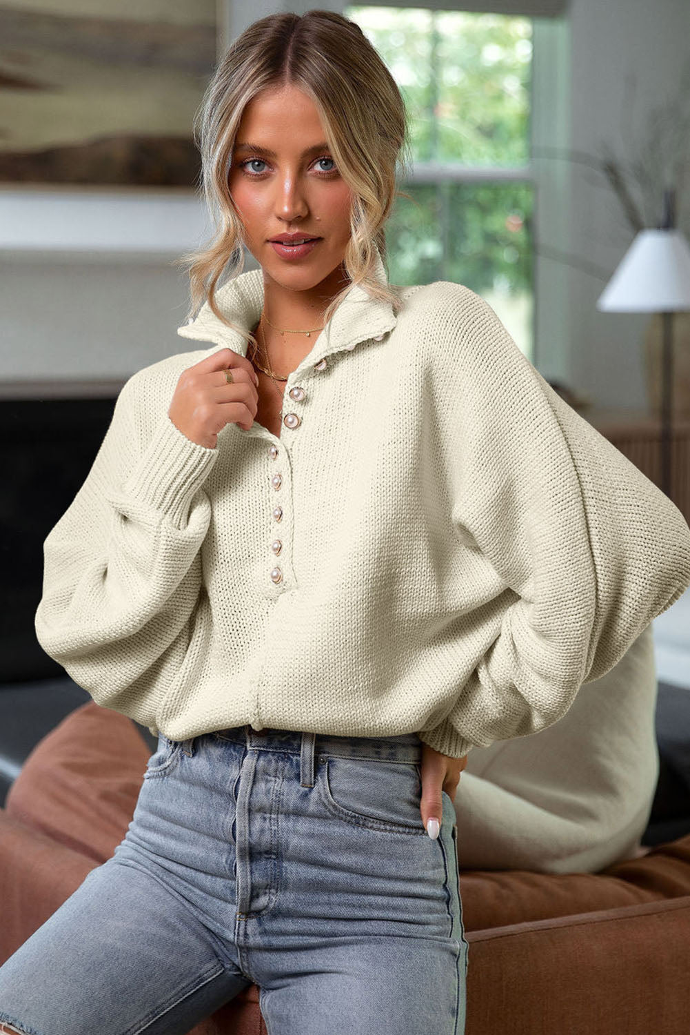 Beige Pearl Button Stand Collar Dolman Sleeve Sweater