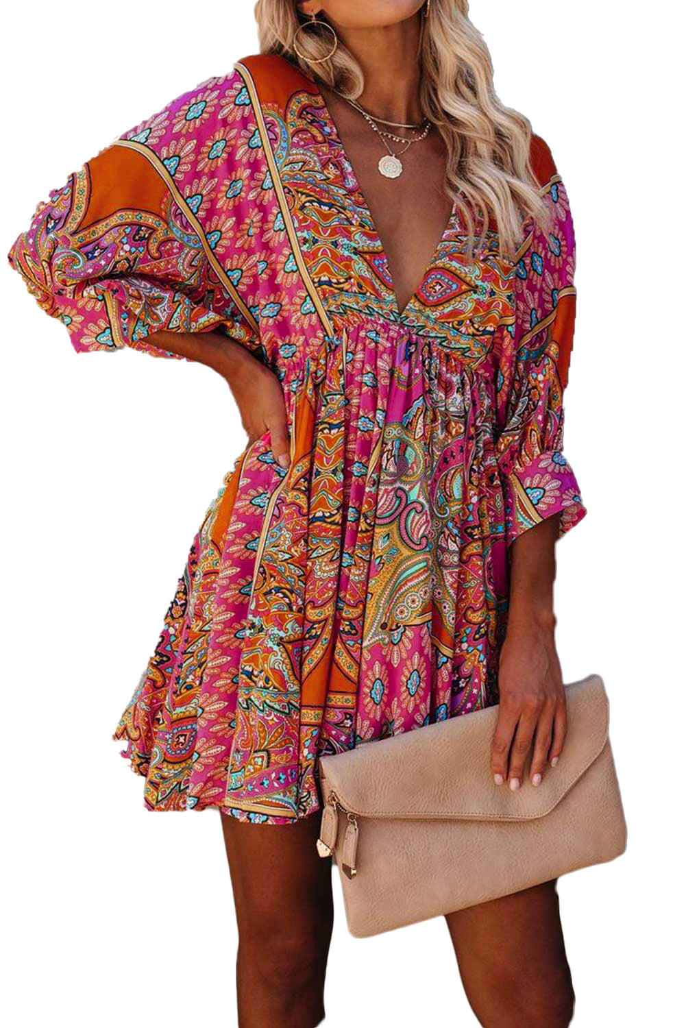 Multicolour V Neck 3/4 Sleeve Bohemian Vintage Print Mini Dress