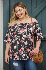 Black Floral Print Off Shoulder Plus Size Blouse