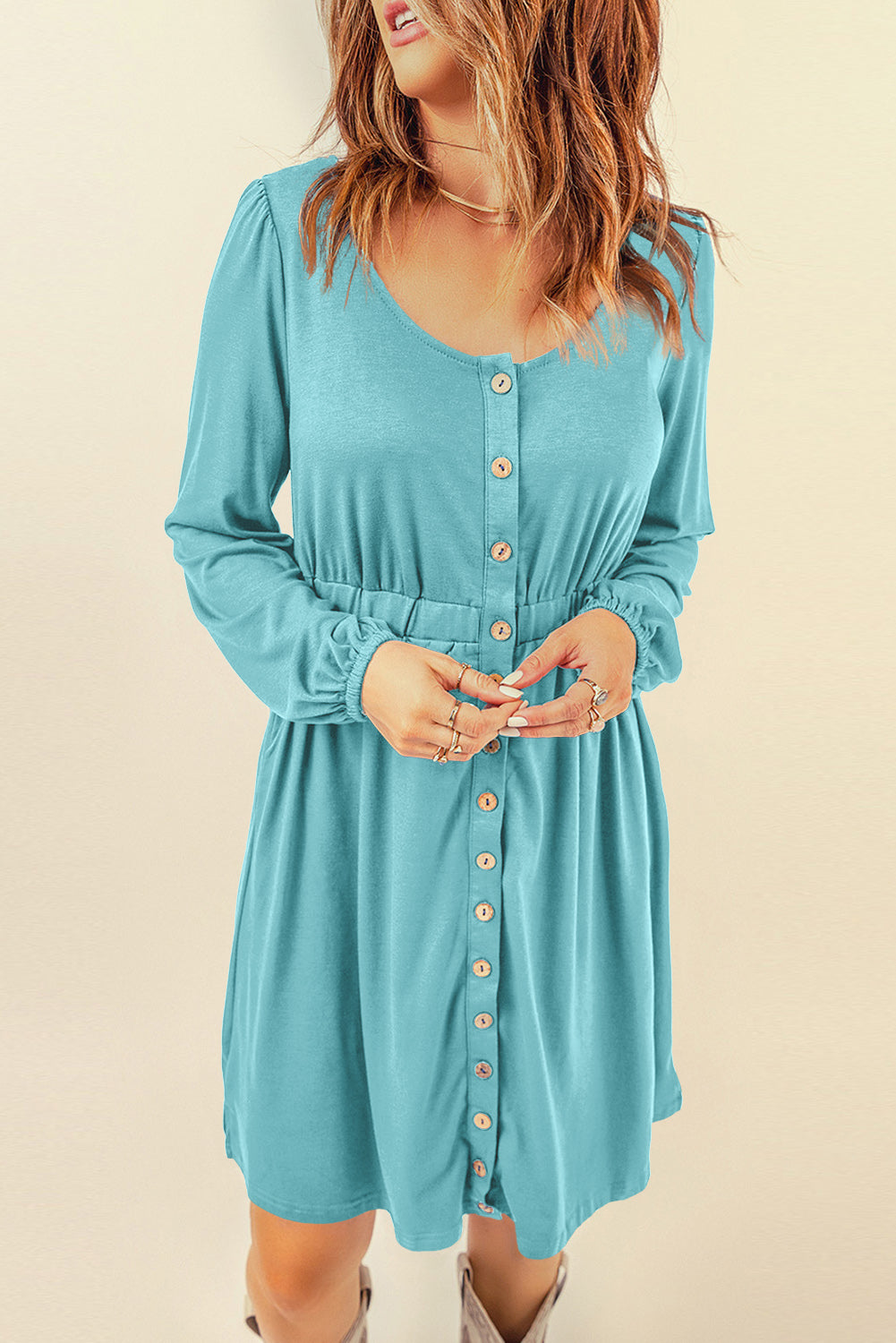 Red Button Up High Waist Long Sleeve Dress