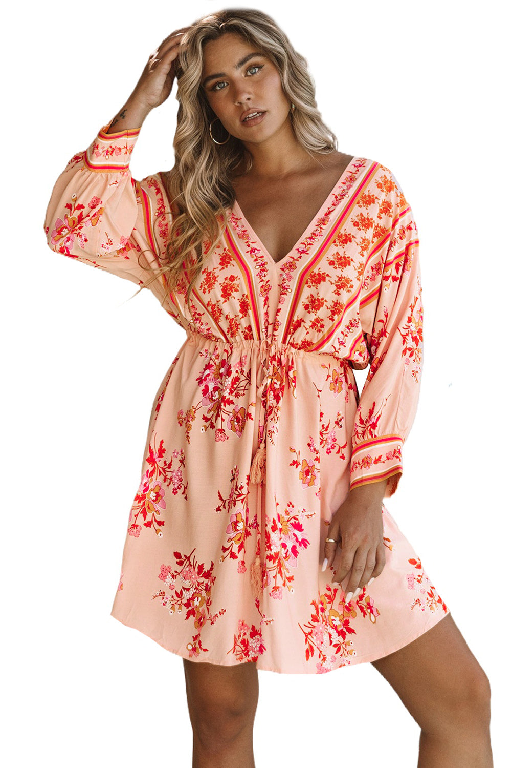 Floral Tassel Drawstring Kimono Dress