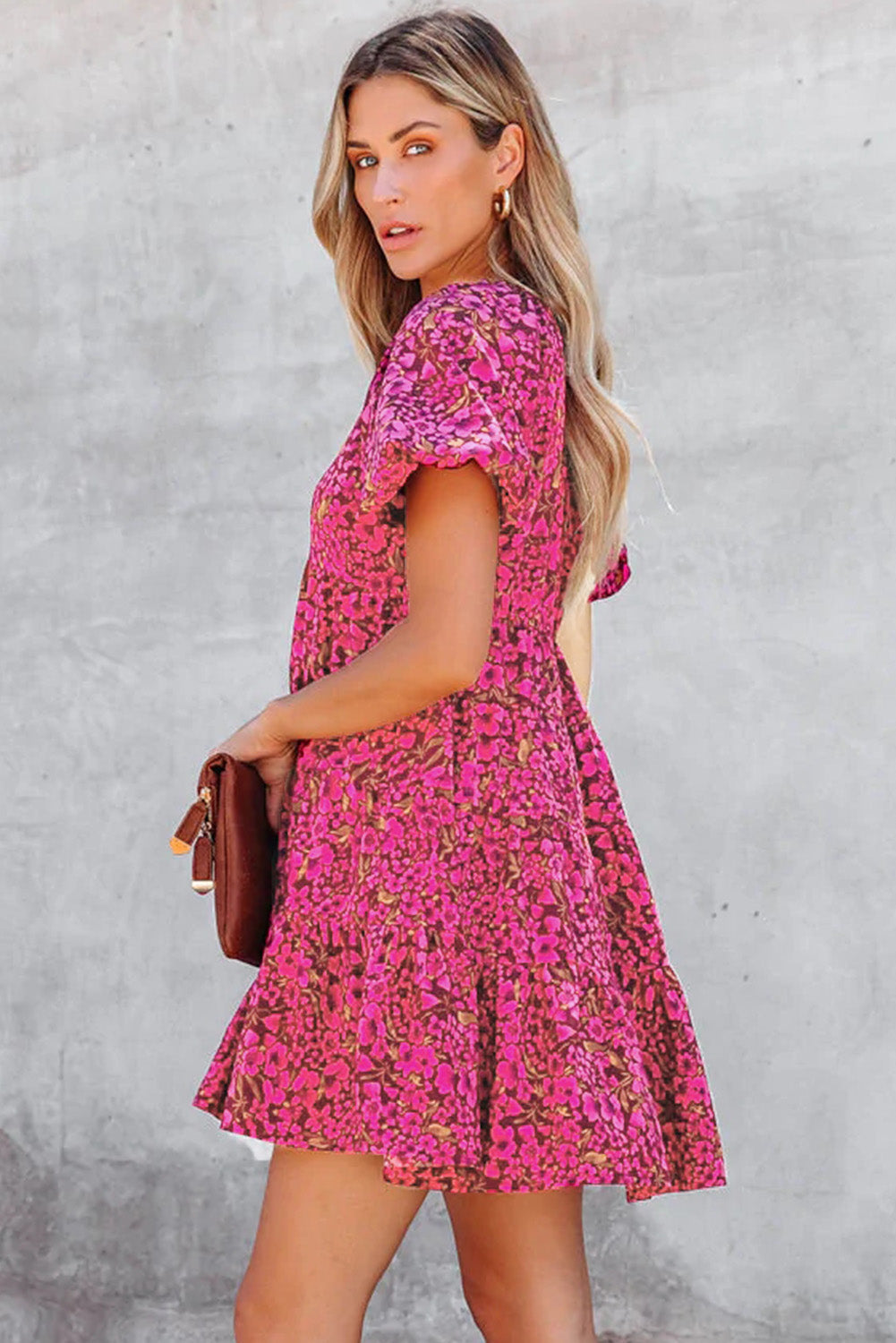 Khaki Floral Print Tiered Flutter Sleeve V Neck Top