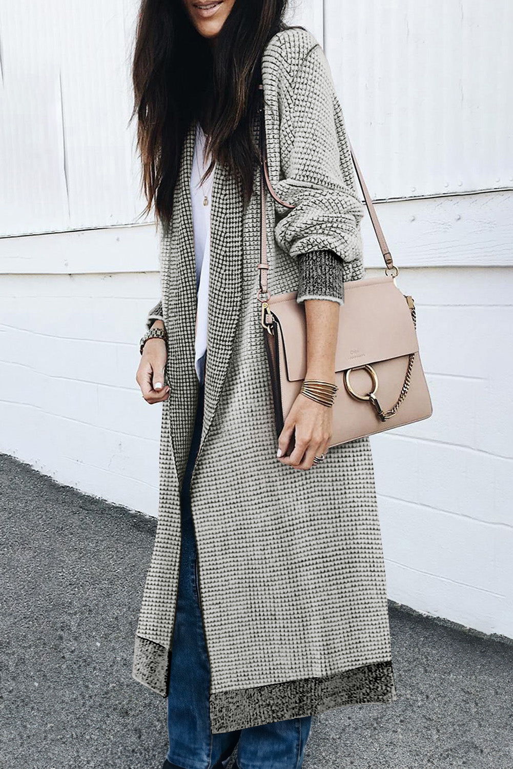 Grey Plaid Contrast Trim Open Front Cardigan