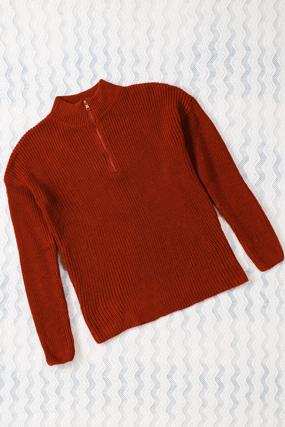 Red Zipped Turtleneck Drop Shoulder Knit Sweater