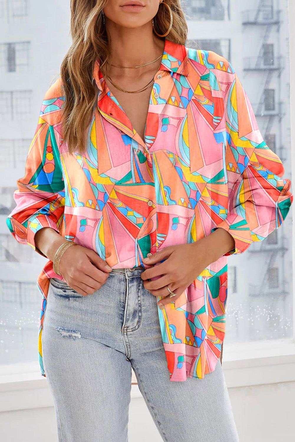 Multicolor Abstract Geometric Print Oversized Shirt