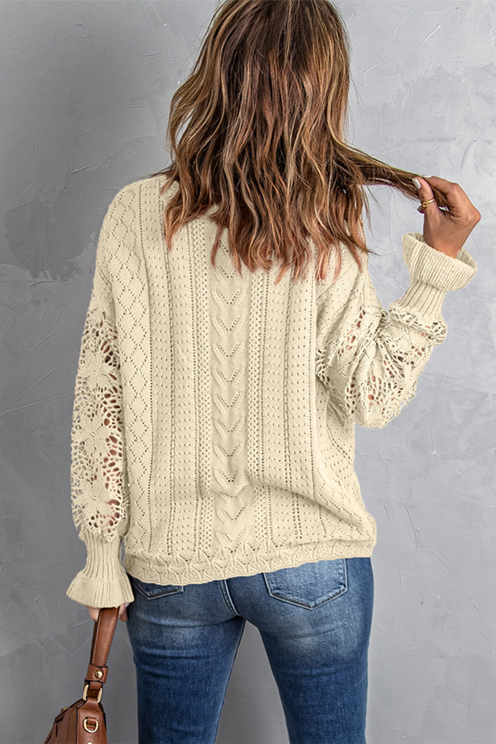 Blue Crochet Lace Pointelle Knit Sweater