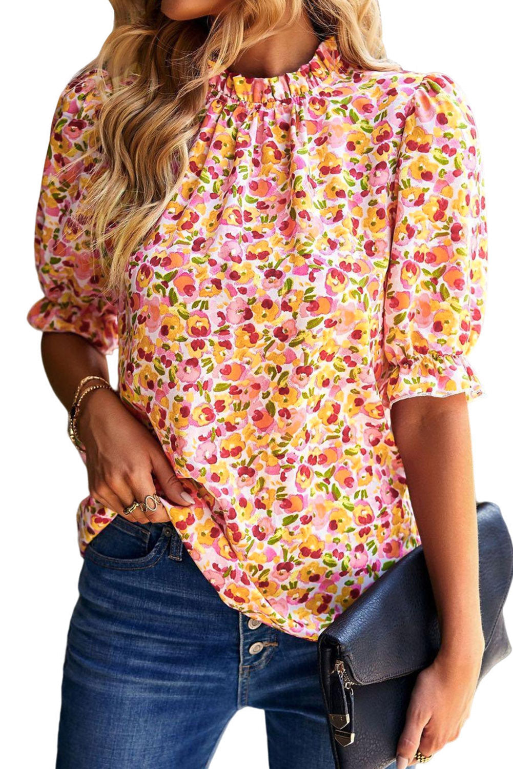 Orange Boho Floral Ruffle Short Sleeve Frill Mock Neck Blouse