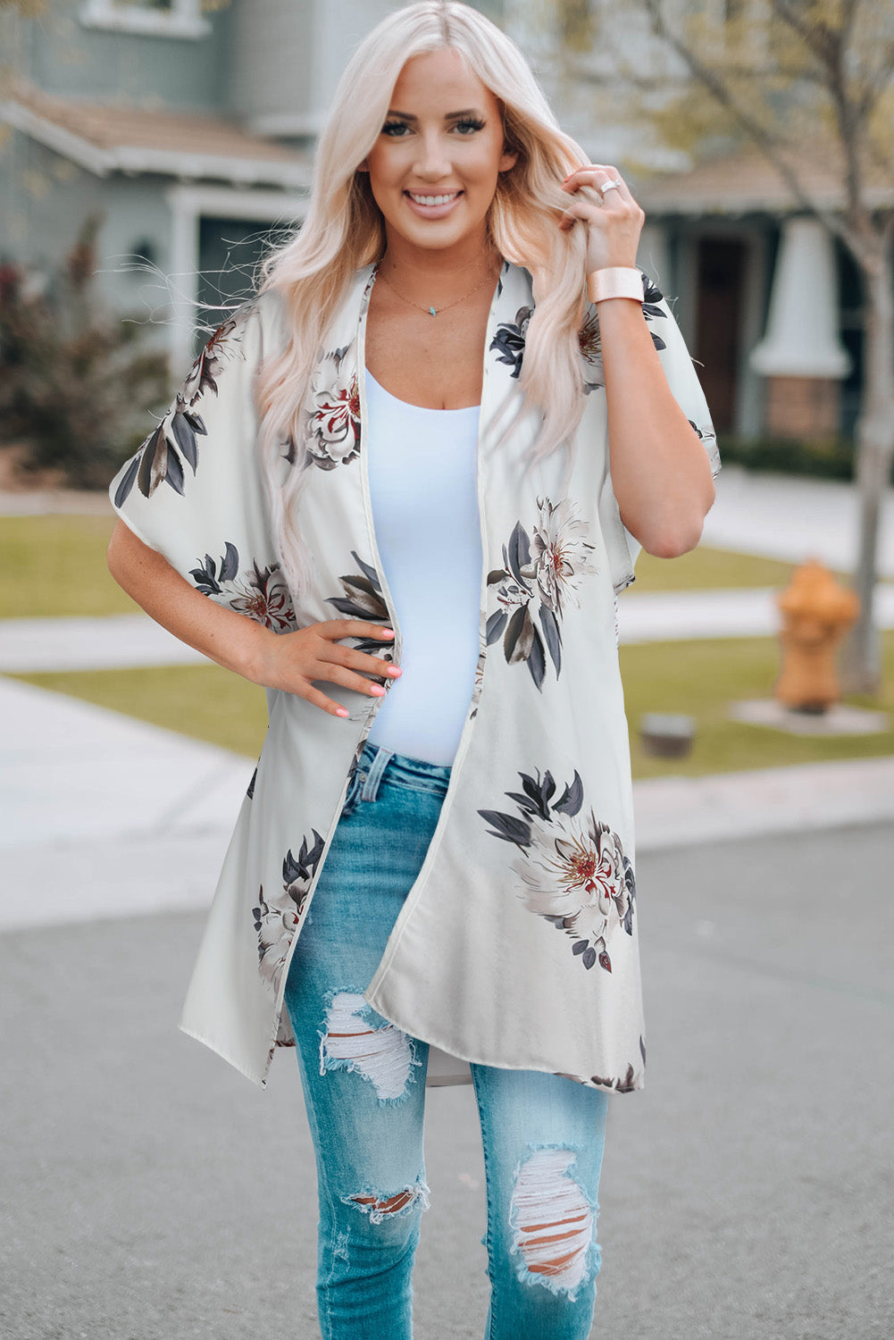 White Floral Print Summer Kimono