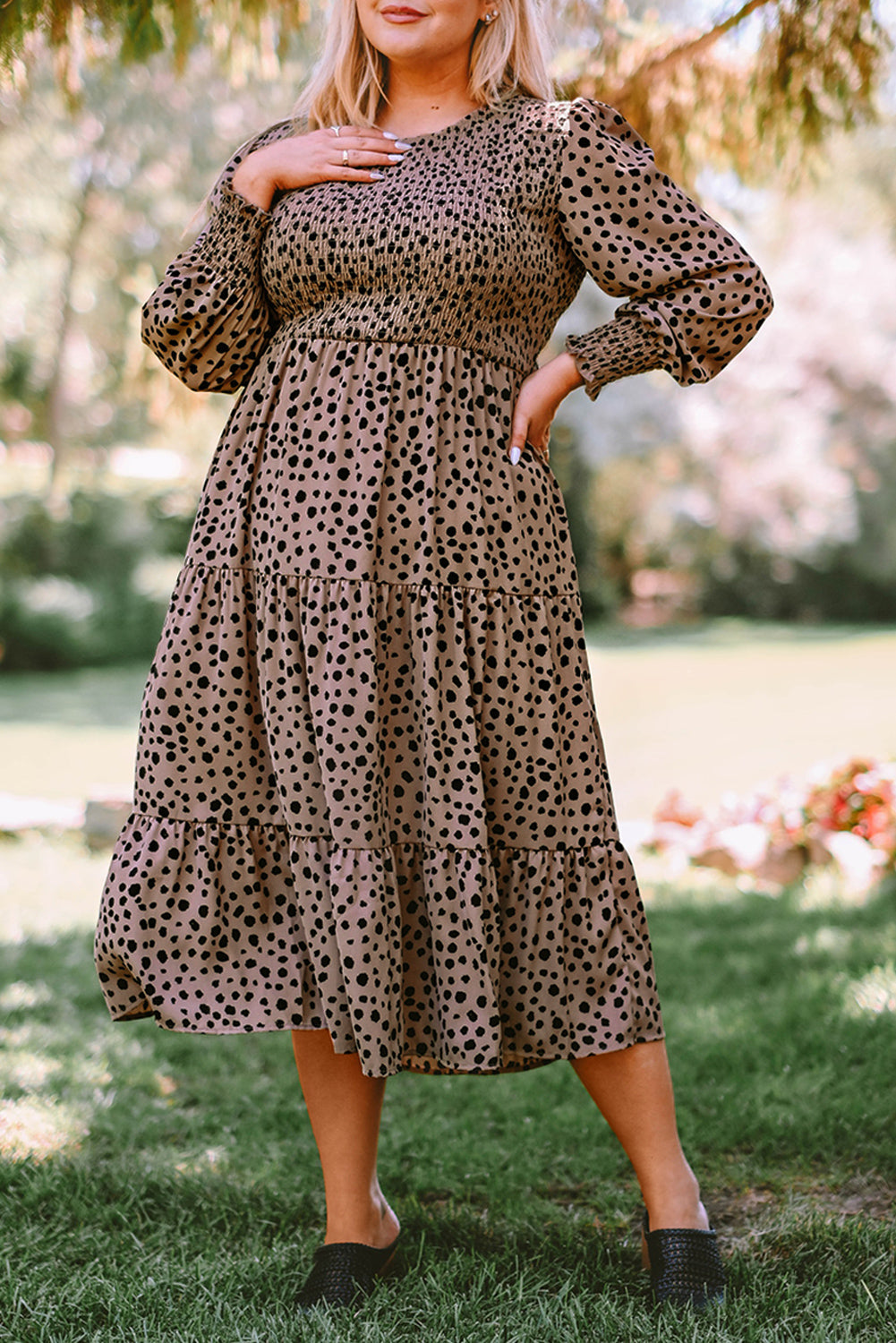 Pink Plus Size Leopard Print Smocked Tiered Dress